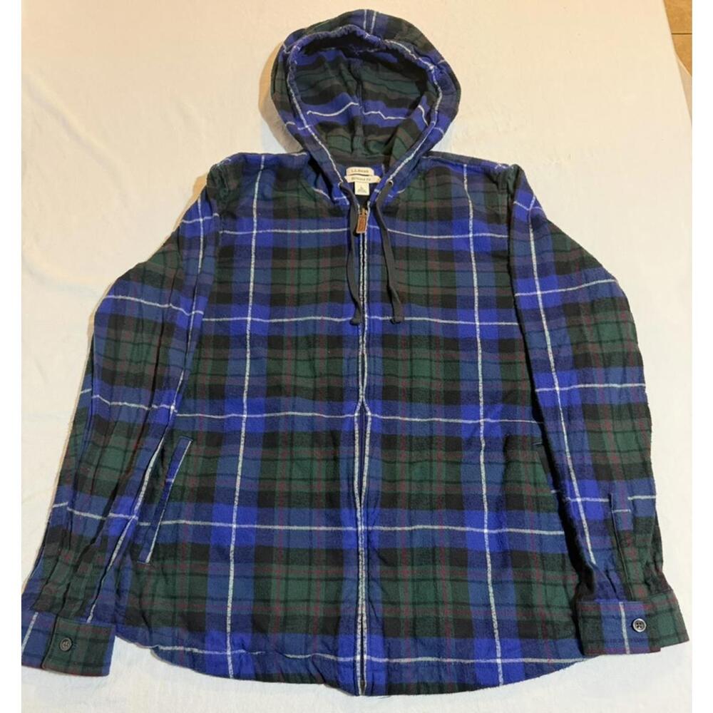 L.L. Bean Womens Scotch Plaid‎ Flannel Shirt Relaxed Fit Hoodie Size Large